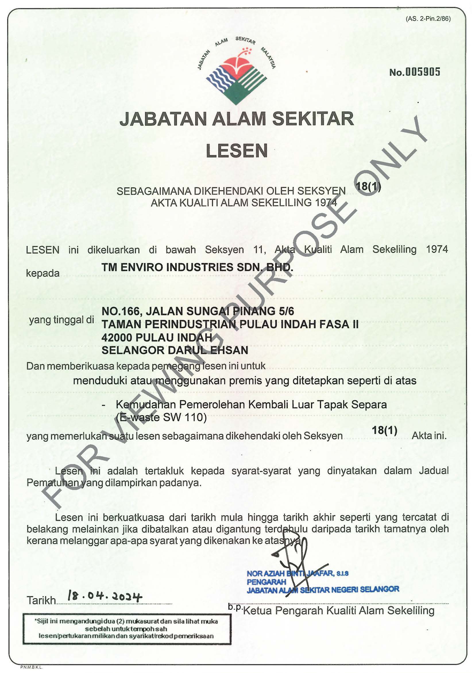 18(1) SW 110 - Department of Environmental, Malaysia