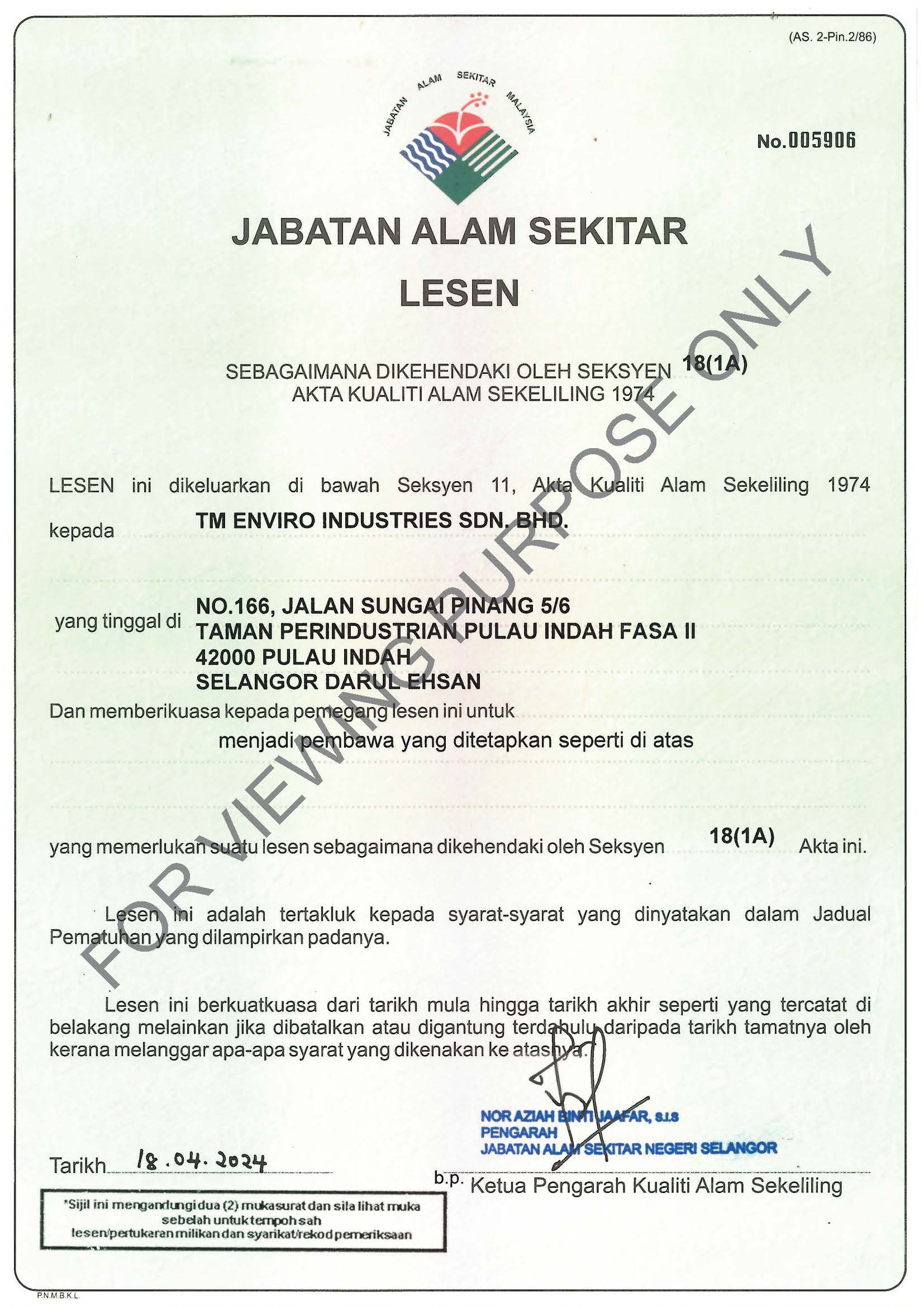 18(1A) SW 110 - Department of Environmental, Malaysia